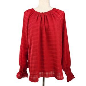 Loft Lined Blouse Size Medium Plaid Sheer Sleeves Red Romantic Valentine's Day